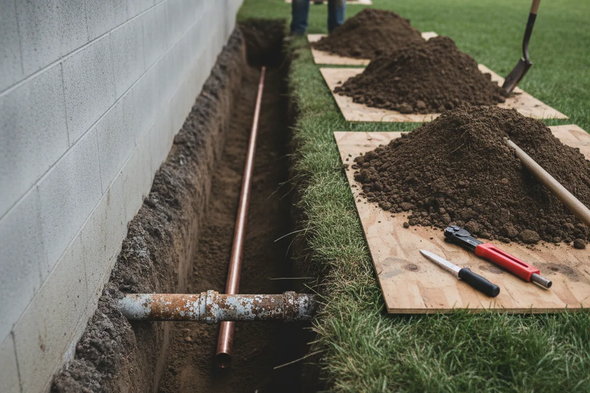 Excavated water line trench during Water Heater Repair in Trent